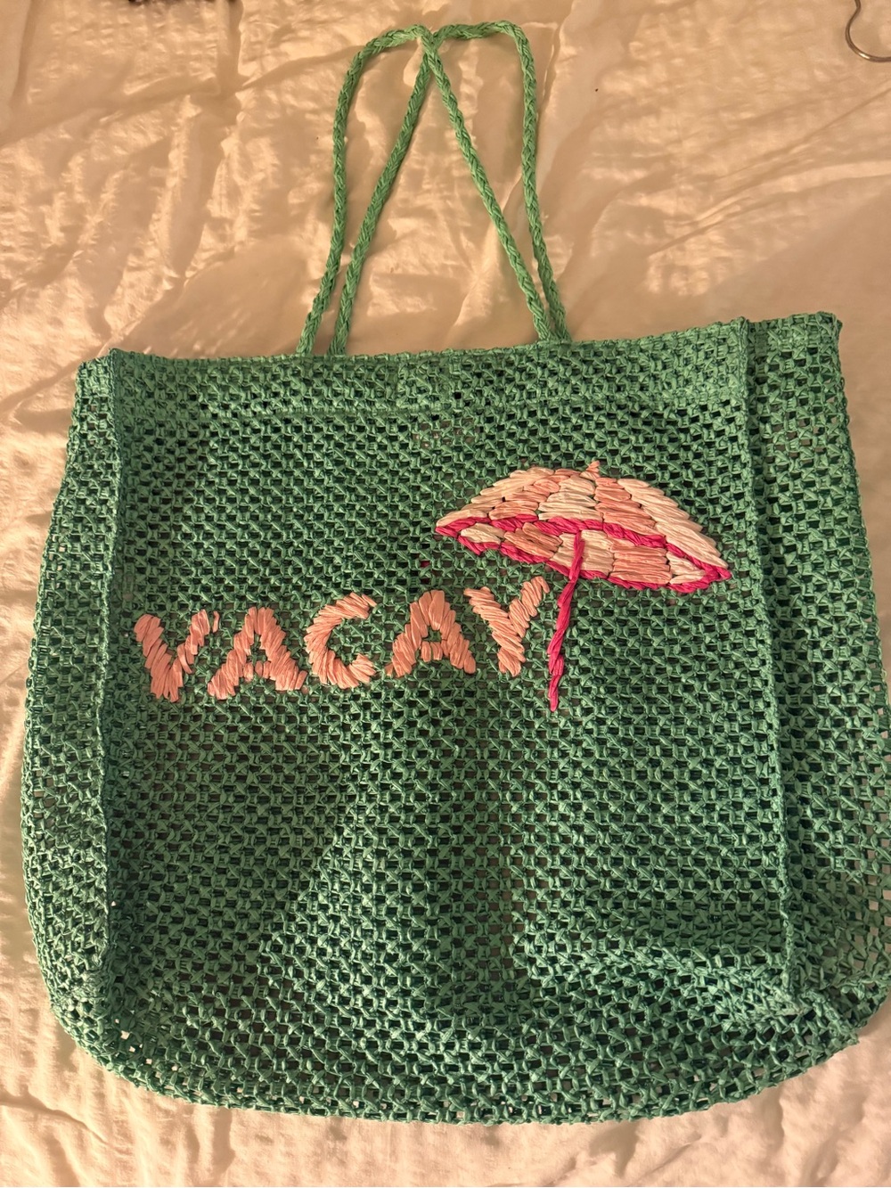 Mud Pie Green Crochet Beach Bag Pink Umbrella Accent